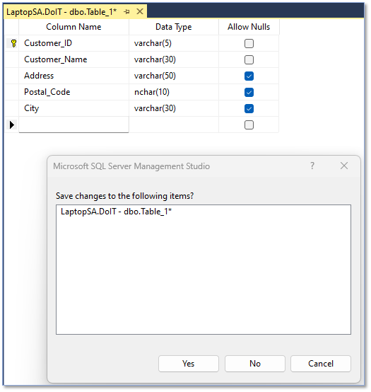 Kreiranje tabele u SQL management studio